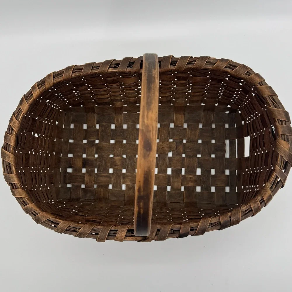 Vtg Hand Woven Splint Oak Gathering Basket Bentwood Handle Primitive Farmhouse